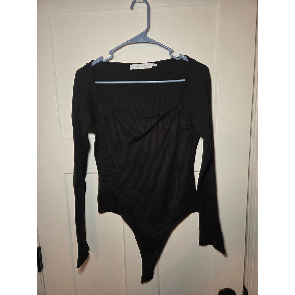 ASTR The Label Black Ribbed Knit Square Neck Long Sleeve Bodysuit XL